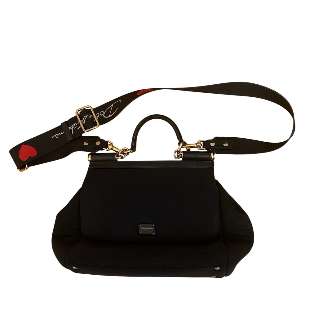 Dolce & Gabbana Sicily Black Neoprene Leather Handbag Heart Logo Strap